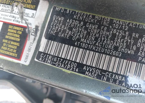 2014 Toyota Camry Hybrid Le z USA, uszkodzony, nr VIN 4T1BD1FK2EU102603